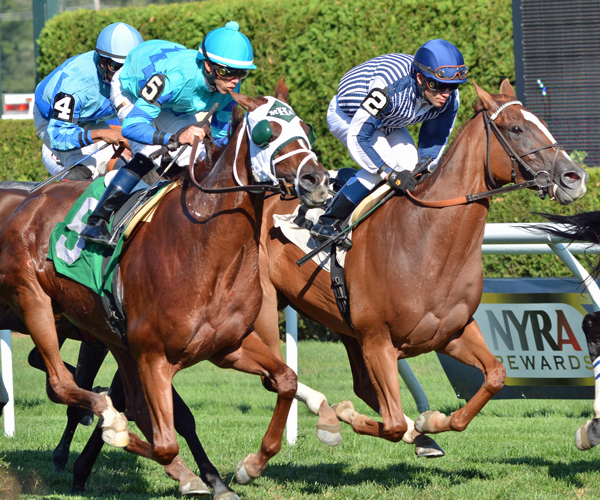 Horses vie for early position in the De La Rose Stakes at Saratoga Race Course